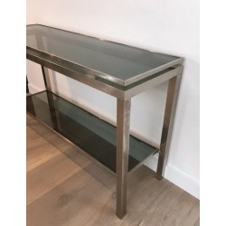 Brushed Steel and Blue Glass Console Table by Guy Lefèvre for Maison Jansen