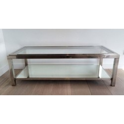 Table Basse à Deux Niveaux en Chrome et Verre à Cadre Canélé