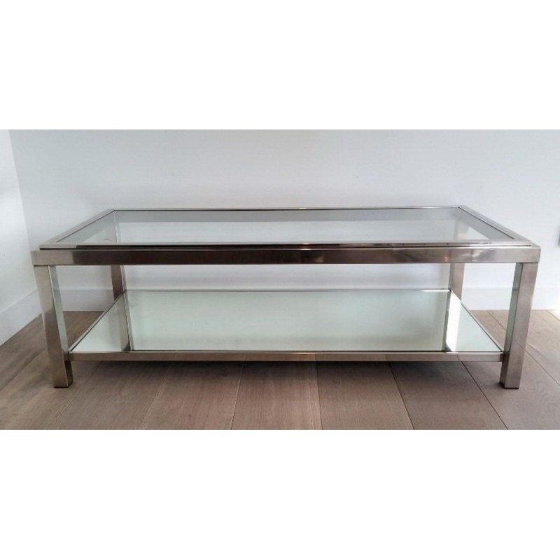 Table Basse à Deux Niveaux en Chrome et Verre à Cadre Canélé