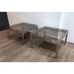 Paire de Bouts de Canapé en Acier Brossé et Verre Fumé par Guy Lefèvre pour Maison Jansen