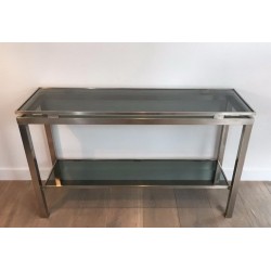 Brushed Steel and Blue Glass Console Table by Guy Lefèvre for Maison Jansen