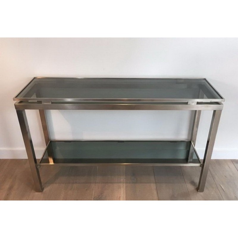 Brushed Steel and Blue Glass Console Table by Guy Lefèvre for Maison Jansen