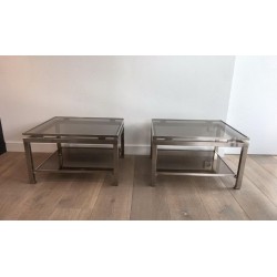 Paire de Bouts de Canapé en Acier Brossé et Verre Fumé par Guy Lefèvre pour Maison Jansen