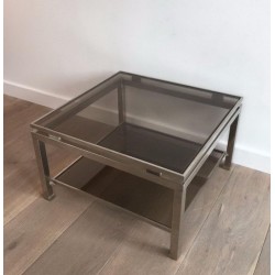 Paire de Bouts de Canapé en Acier Brossé et Verre Fumé par Guy Lefèvre pour Maison Jansen