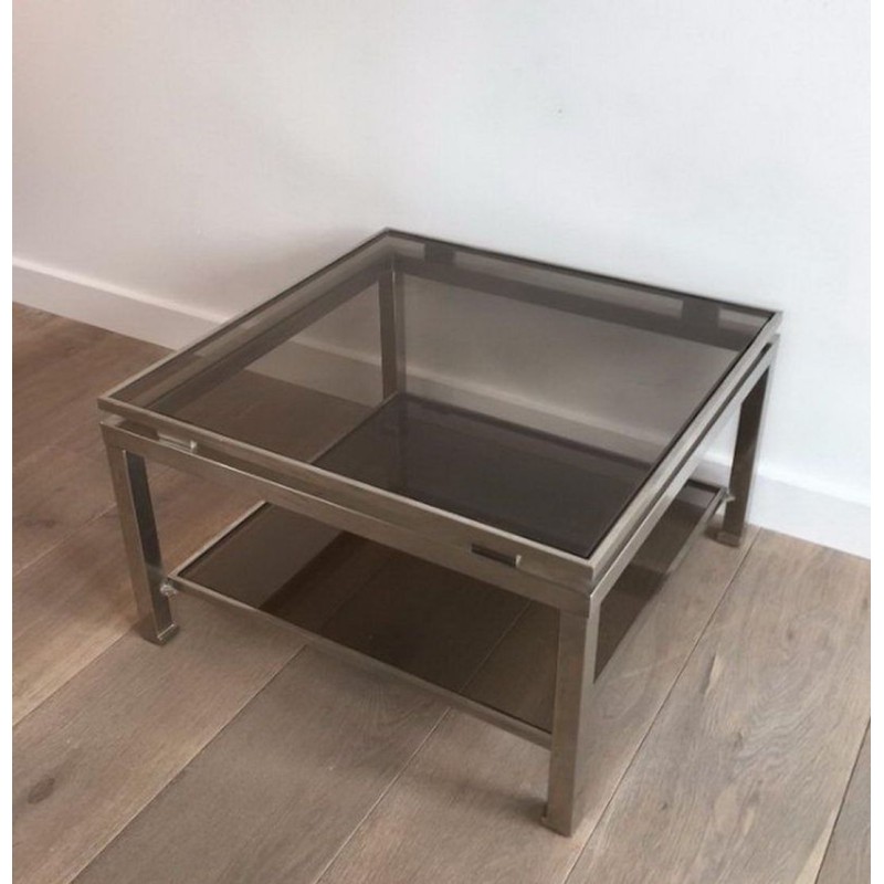 Paire de Bouts de Canapé en Acier Brossé et Verre Fumé par Guy Lefèvre pour Maison Jansen