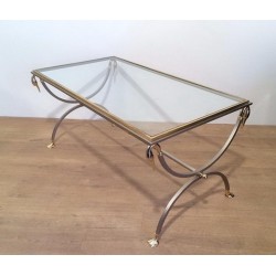 Table Basse en Acier Brossé et Laiton à Cols de Cygne, Maison Jansen