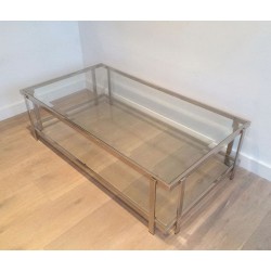 Table Basse Rectangulaire à Deux Niveaux en Chrome et Verre