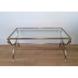 Table Basse en Acier Brossé et Laiton à Cols de Cygne, Maison Jansen