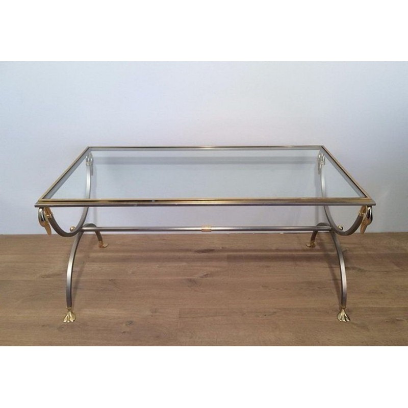 Table Basse en Acier Brossé et Laiton à Cols de Cygne, Maison Jansen
