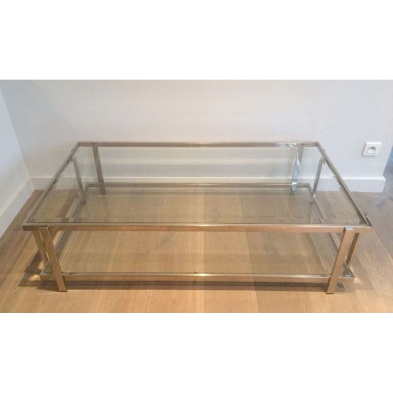 Table Basse Rectangulaire à Deux Niveaux en Chrome et Verre