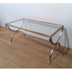 Table Basse en Acier Brossé et Laiton à Cols de Cygne, Maison Jansen
