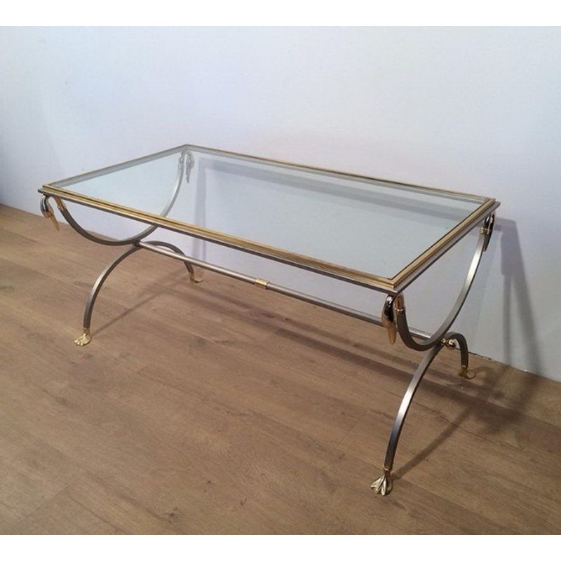 Table Basse en Acier Brossé et Laiton à Cols de Cygne, Maison Jansen