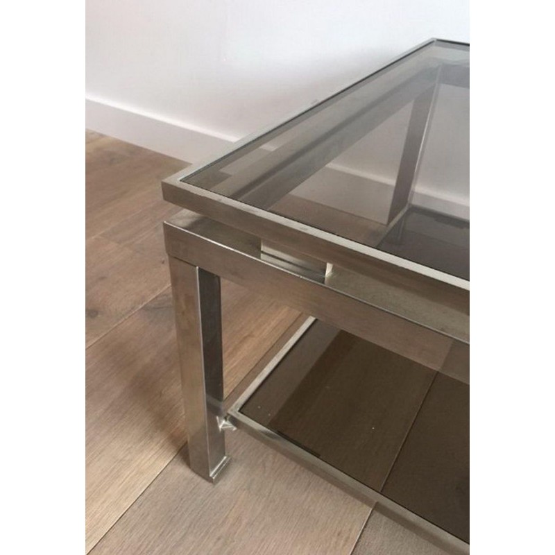 Paire de Bouts de Canapé en Acier Brossé et Verre Fumé par Guy Lefèvre pour Maison Jansen