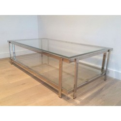 Table Basse Rectangulaire à Deux Niveaux en Chrome et Verre