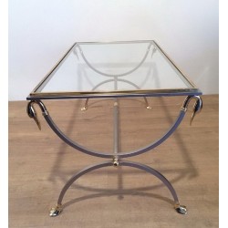Table Basse en Acier Brossé et Laiton à Cols de Cygne, Maison Jansen