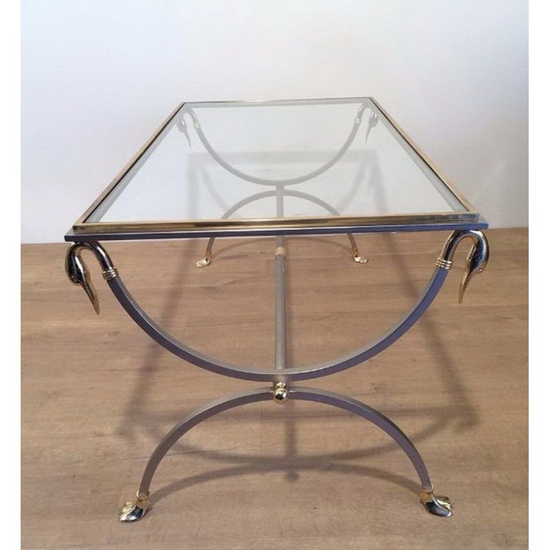 Table Basse en Acier Brossé et Laiton à Cols de Cygne, Maison Jansen