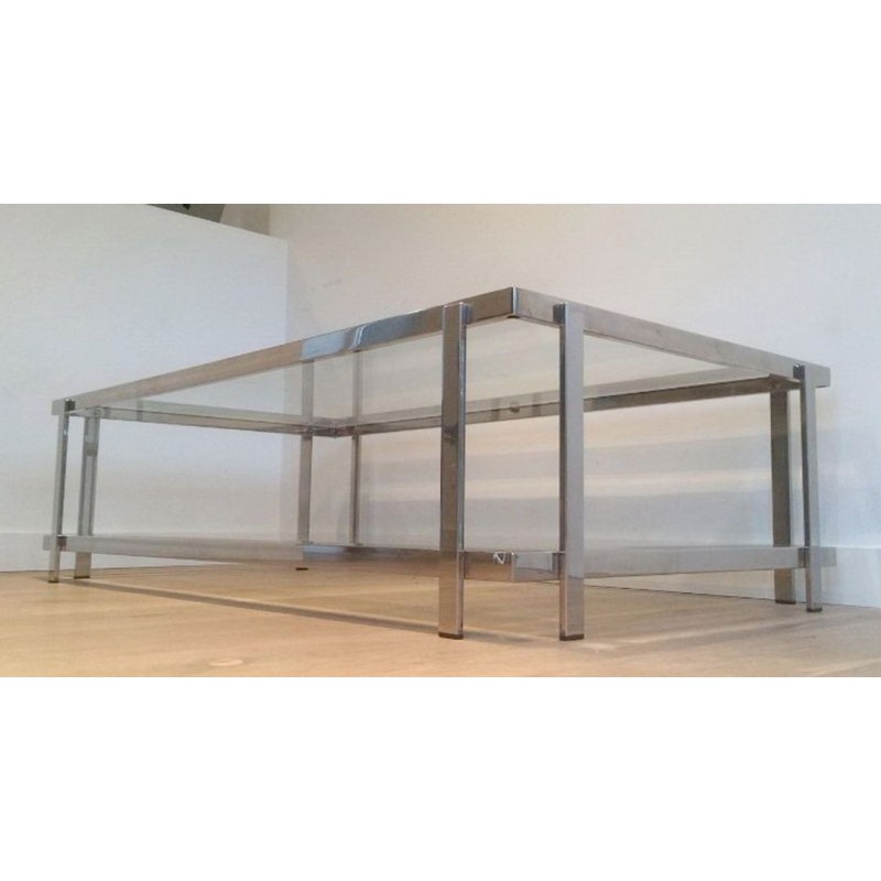 Table Basse Rectangulaire à Deux Niveaux en Chrome et Verre