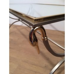Table Basse en Acier Brossé et Laiton à Cols de Cygne, Maison Jansen