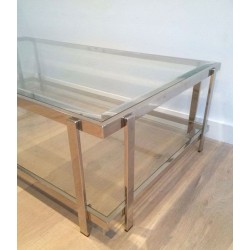 Table Basse Rectangulaire à Deux Niveaux en Chrome et Verre