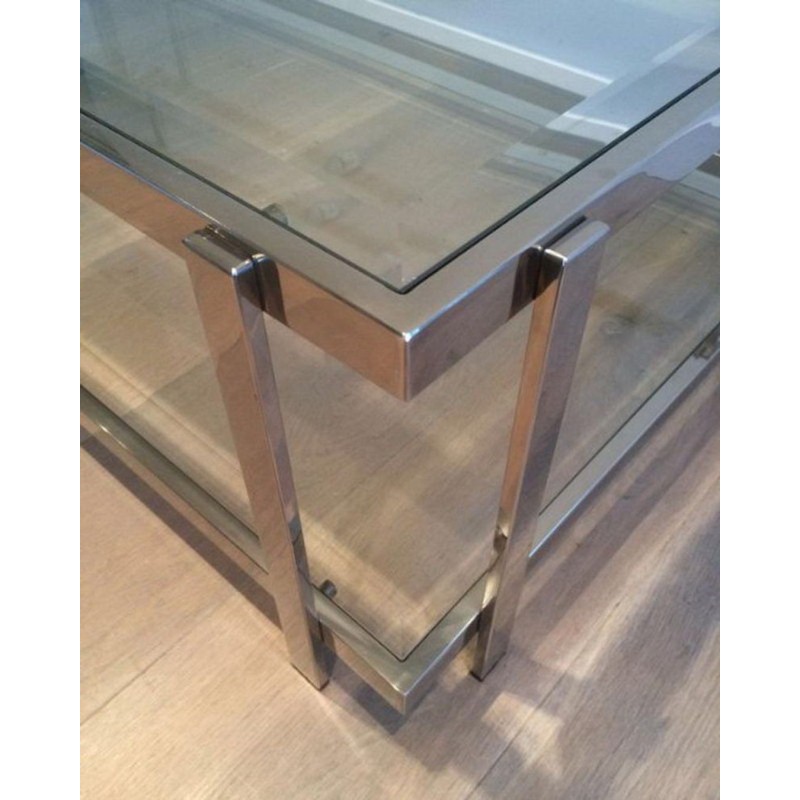 Table Basse Rectangulaire à Deux Niveaux en Chrome et Verre
