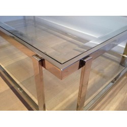 Table Basse Rectangulaire à Deux Niveaux en Chrome et Verre