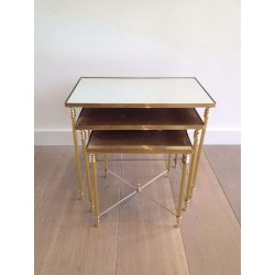 Set of Three Neoclassical Brass Nesting Tables with Mirror Tops