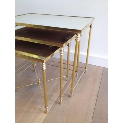 Set of Three Neoclassical Brass Nesting Tables with Mirror Tops