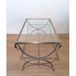 Table Basse en Acier Brossé et Laiton à Cols de Cygne, Maison Jansen