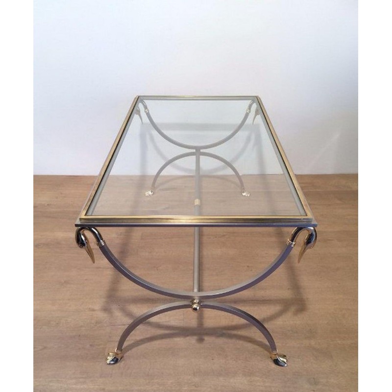 Table Basse en Acier Brossé et Laiton à Cols de Cygne, Maison Jansen