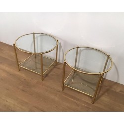 Pair of Round Brass and Glass Side Tables