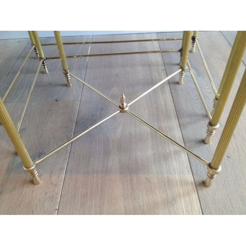 Set of Three Neoclassical Brass Nesting Tables with Mirror Tops
