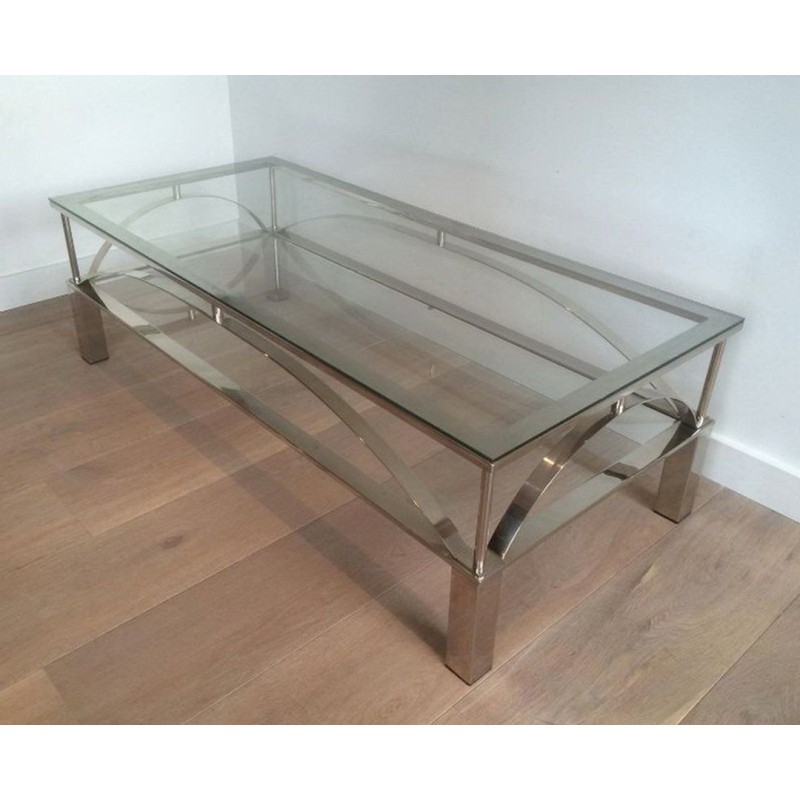 Table Basse en Chrome et Verre à Entretoises Arquées