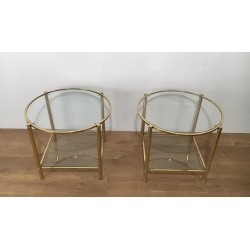 Paire de Bouts de Canapé Ronds en Laiton et Verre