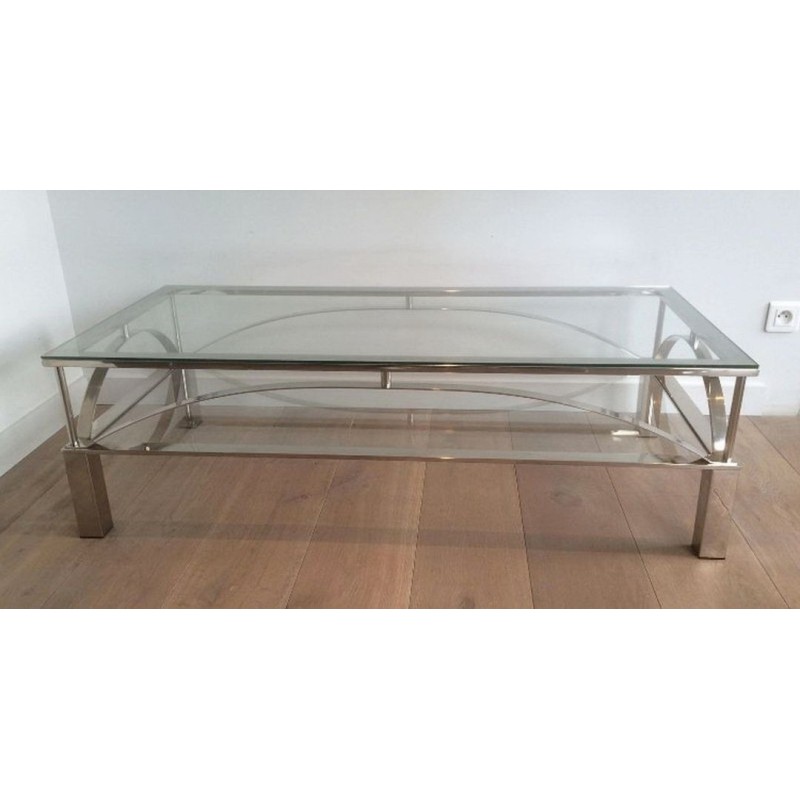 Table Basse en Chrome et Verre à Entretoises Arquées