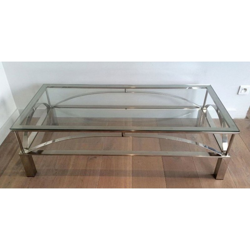 Table Basse en Chrome et Verre à Entretoises Arquées