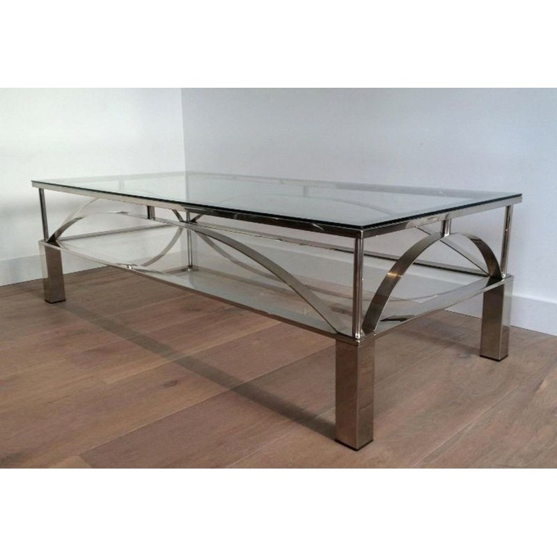 Table Basse en Chrome et Verre à Entretoises Arquées