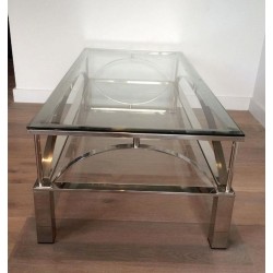Table Basse en Chrome et Verre à Entretoises Arquées