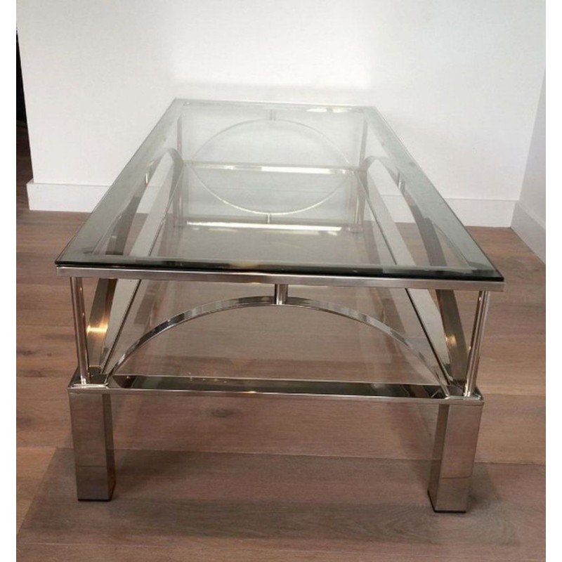 Table Basse en Chrome et Verre à Entretoises Arquées