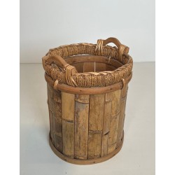 Rattan and Brass Wastebasket with Braided Rim