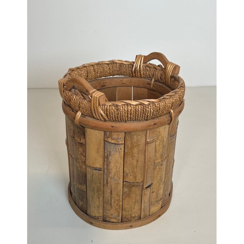 Rattan and Brass Wastebasket with Braided Rim
