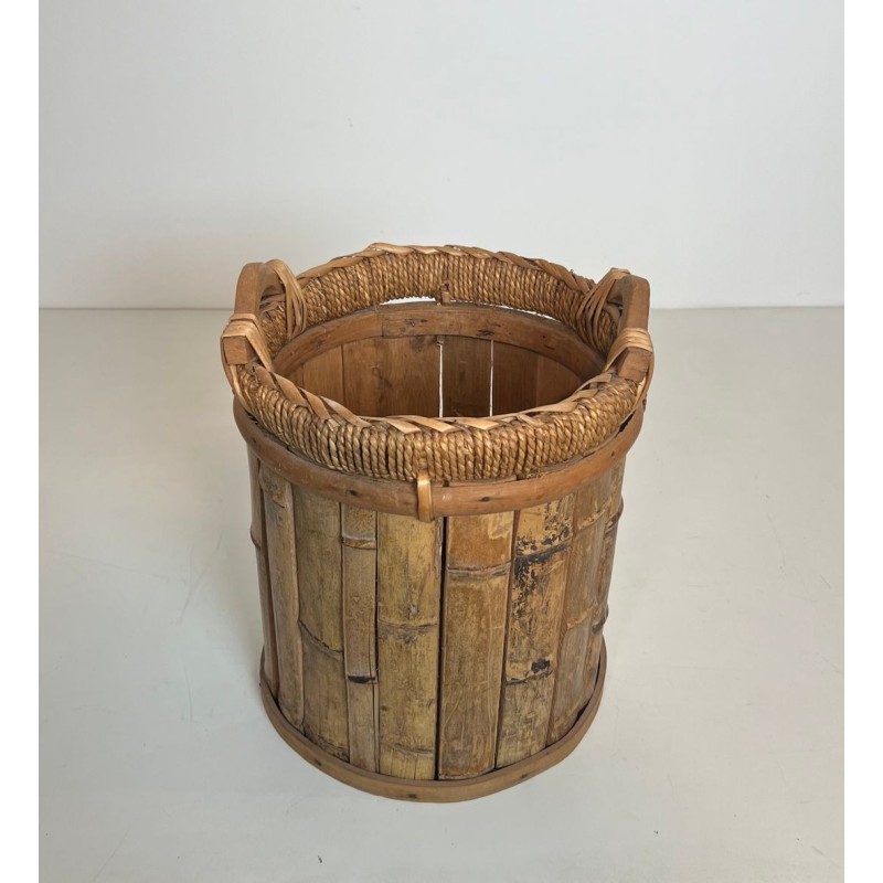 Rattan and Brass Wastebasket with Braided Rim