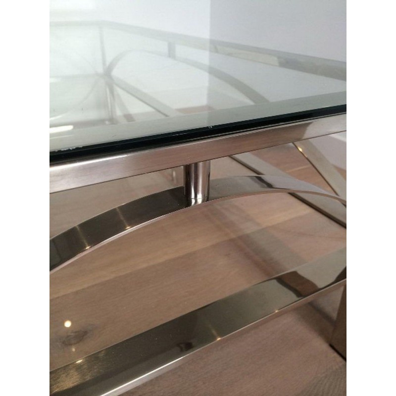 Table Basse en Chrome et Verre à Entretoises Arquées