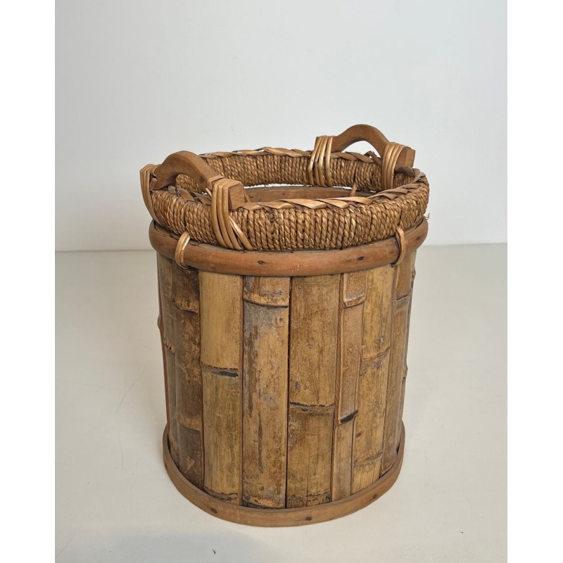 Rattan and Brass Wastebasket with Braided Rim