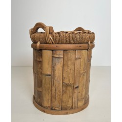 Rattan and Brass Wastebasket with Braided Rim