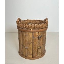Rattan and Brass Wastebasket with Braided Rim