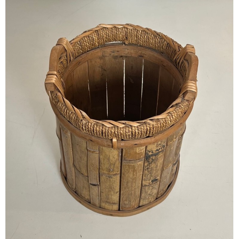 Rattan and Brass Wastebasket with Braided Rim