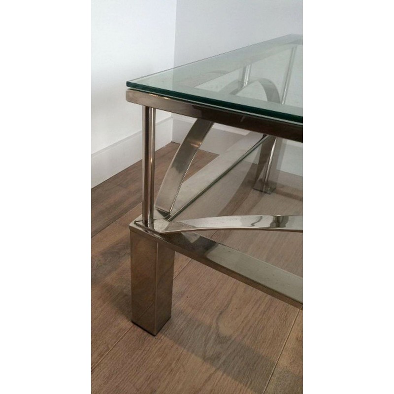 Table Basse en Chrome et Verre à Entretoises Arquées