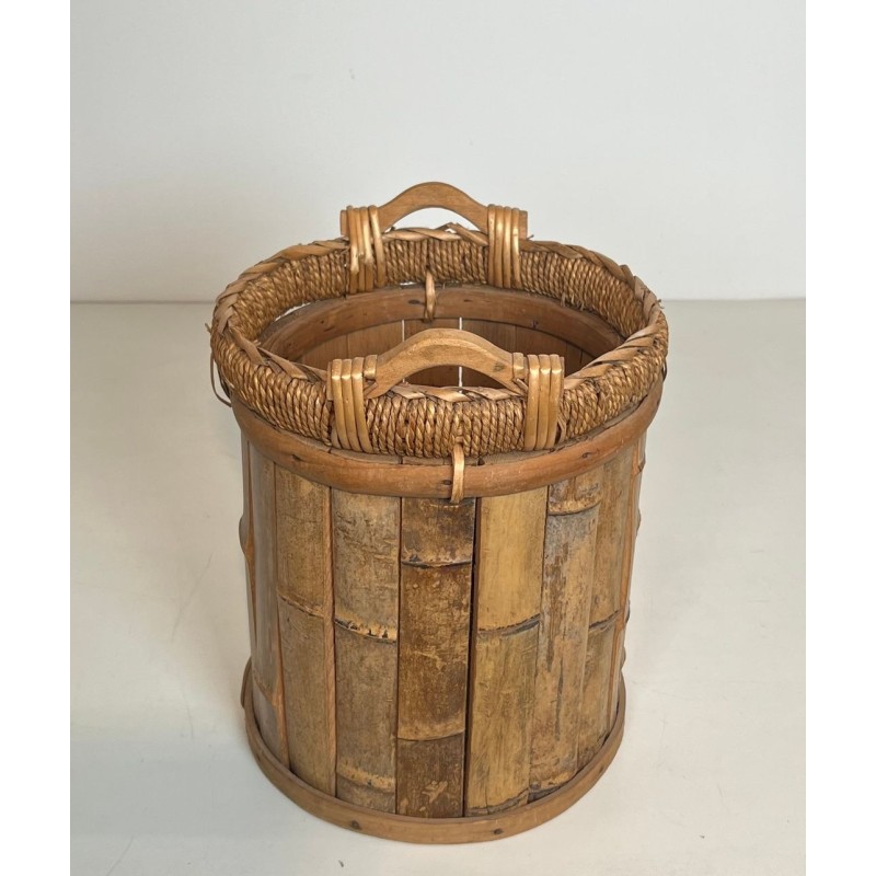 Rattan and Brass Wastebasket with Braided Rim