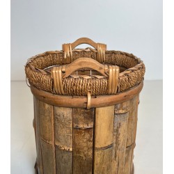 Rattan and Brass Wastebasket with Braided Rim