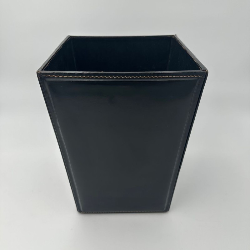 Black Leather Desk Basket with Saddle Stitching in the Style of Jacques Adnet